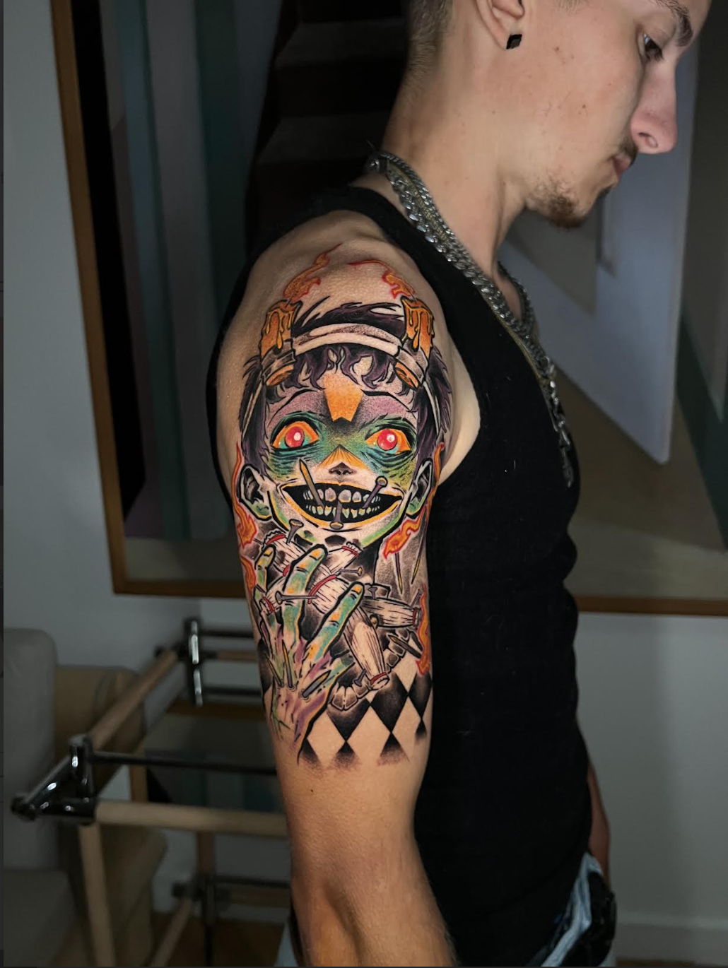 Horror manga inspired tattoo with fine black linework